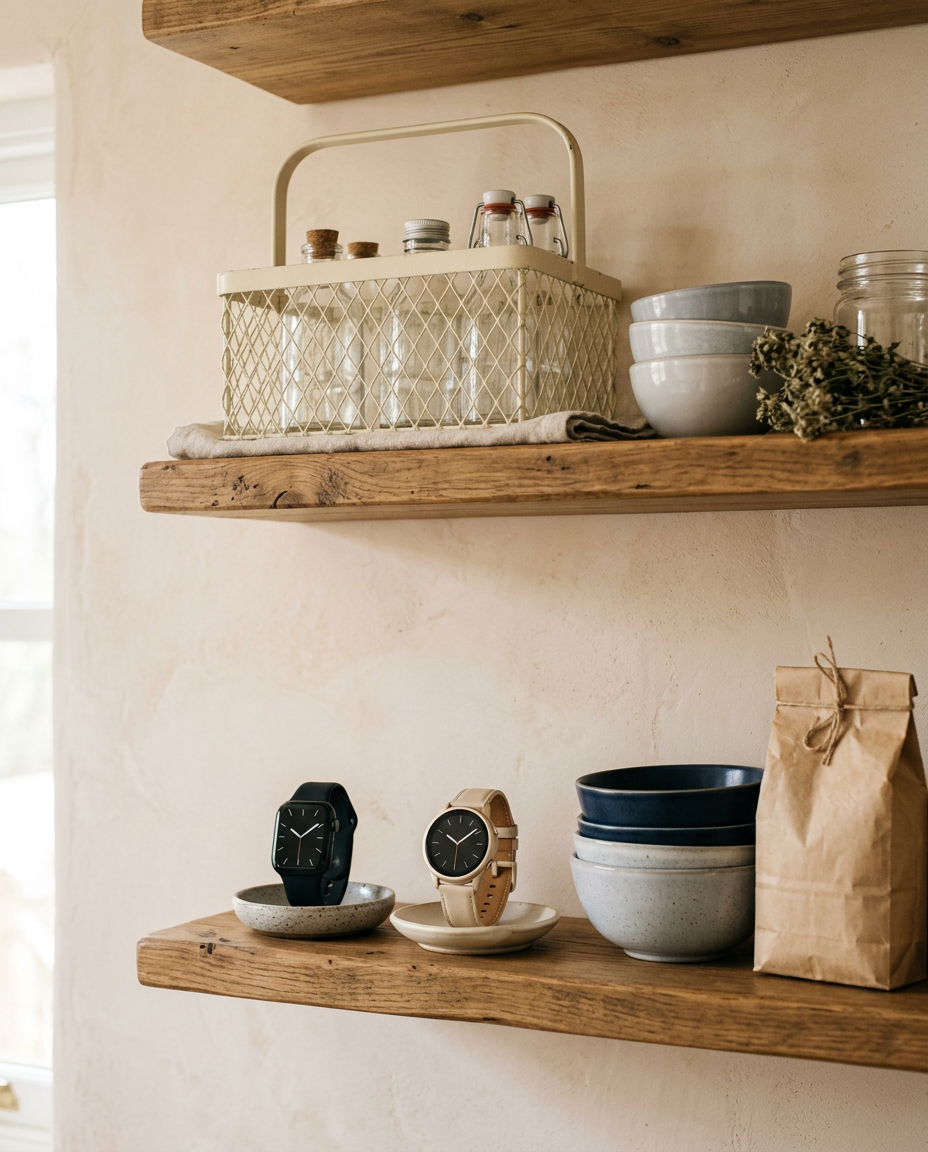 Two smartwatches, one black and one cream, standing on small dishes on a wooden kitchen shelf beside ceramic bowls