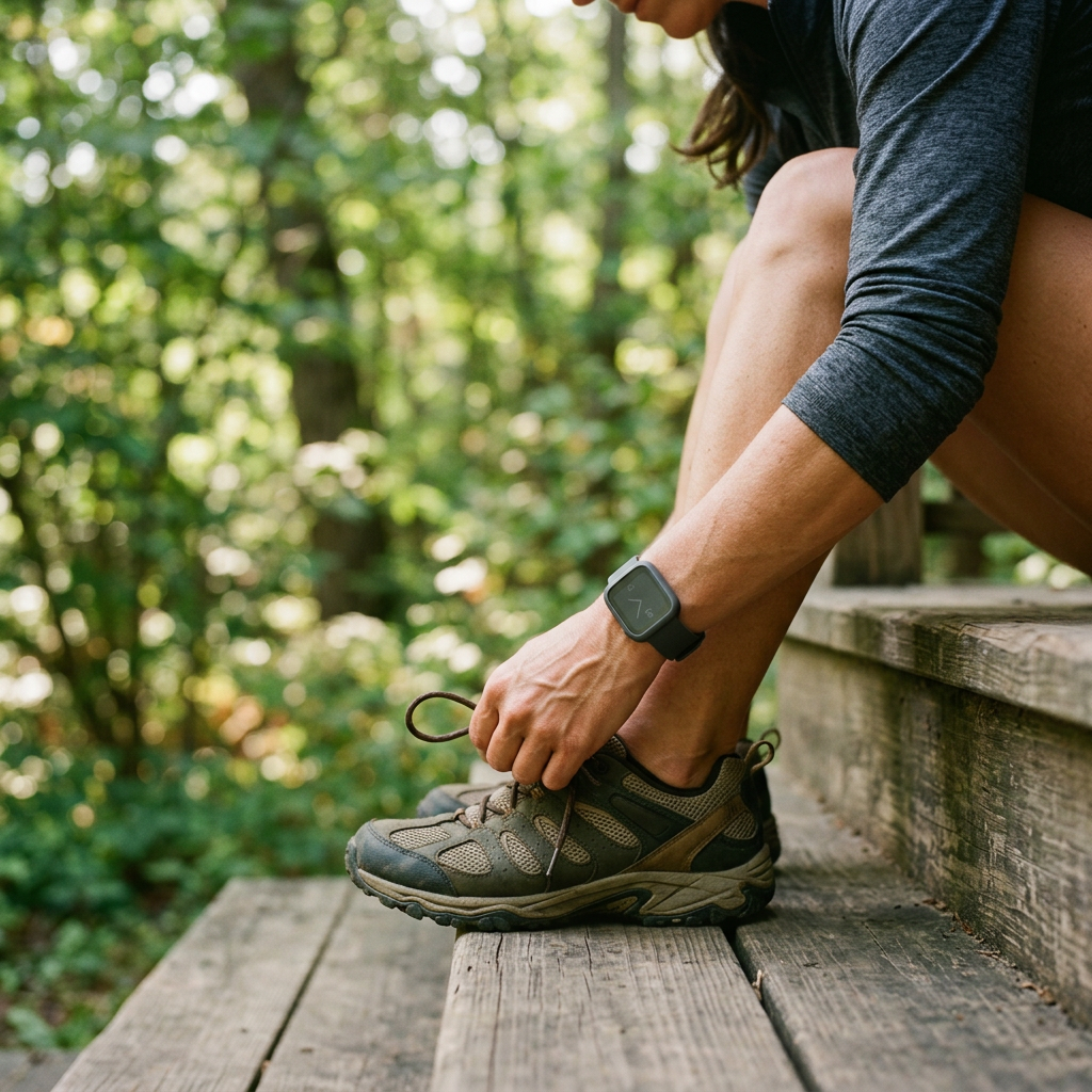 A person wearing a smartwatch tying a walking shoe on a wooden step