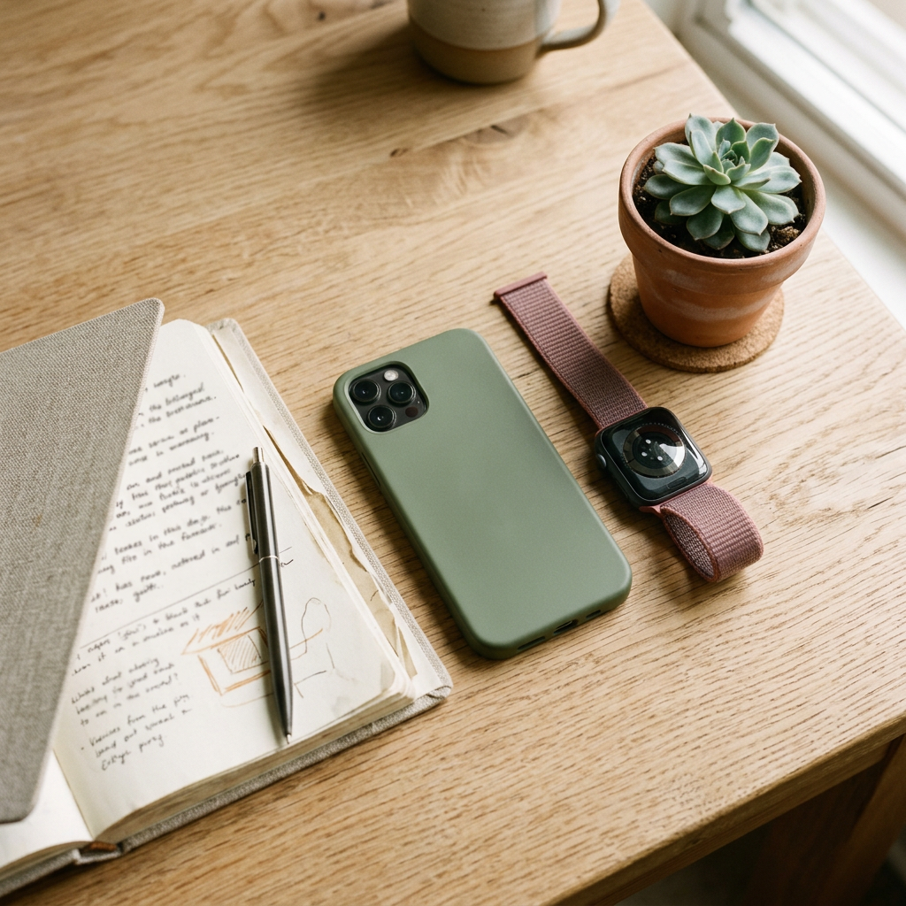 A smartphone and a smartwatch side by side on a wooden desk