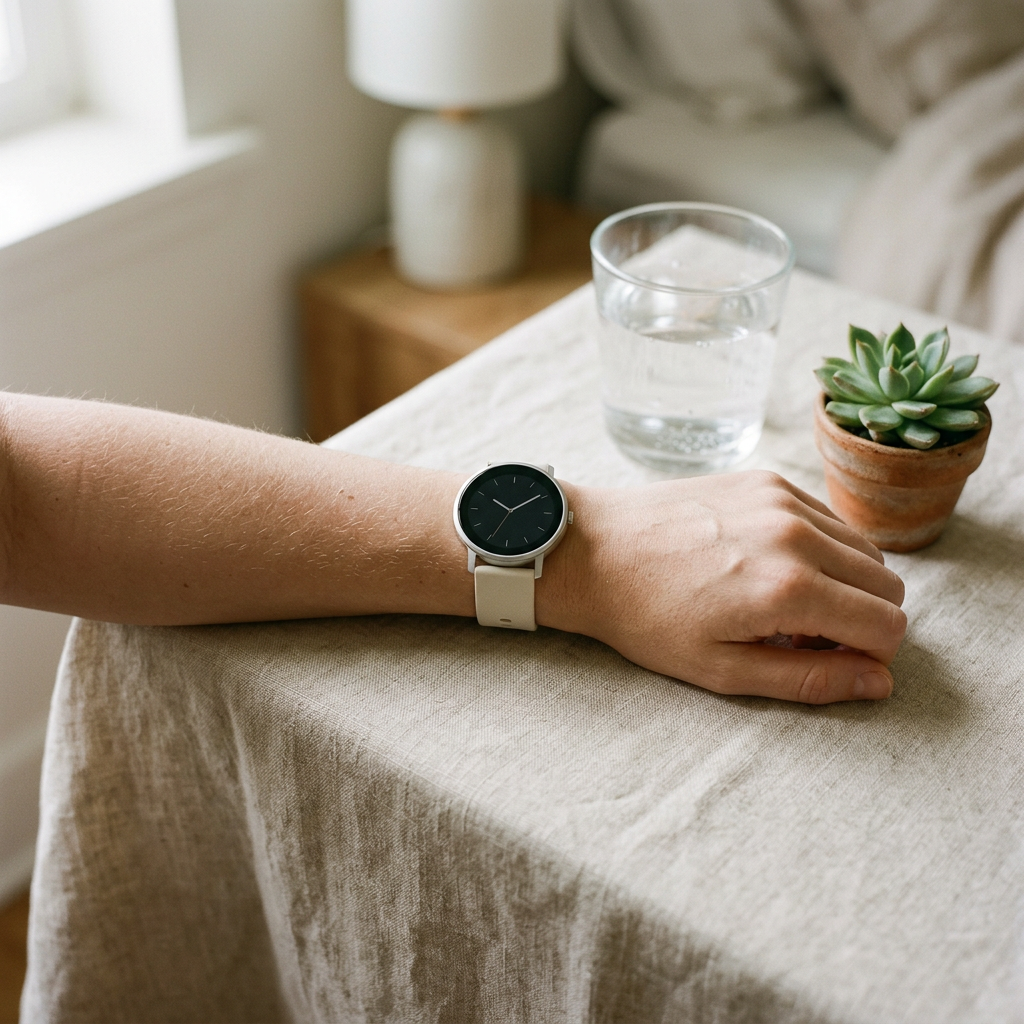A slim light-coloured smartwatch on a wrist resting on a linen-covered bedside table