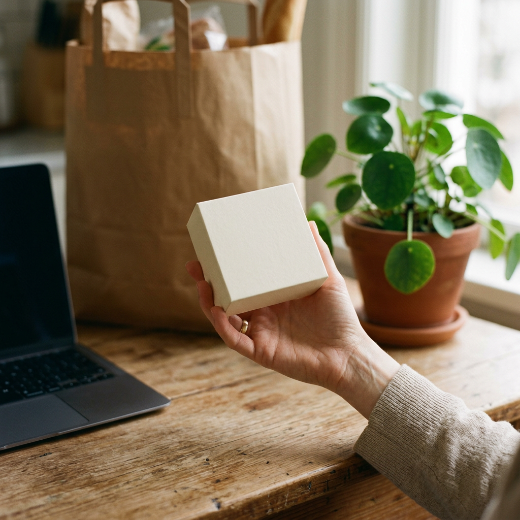 A hand holding a plain cream watch box beside a houseplant and a laptop