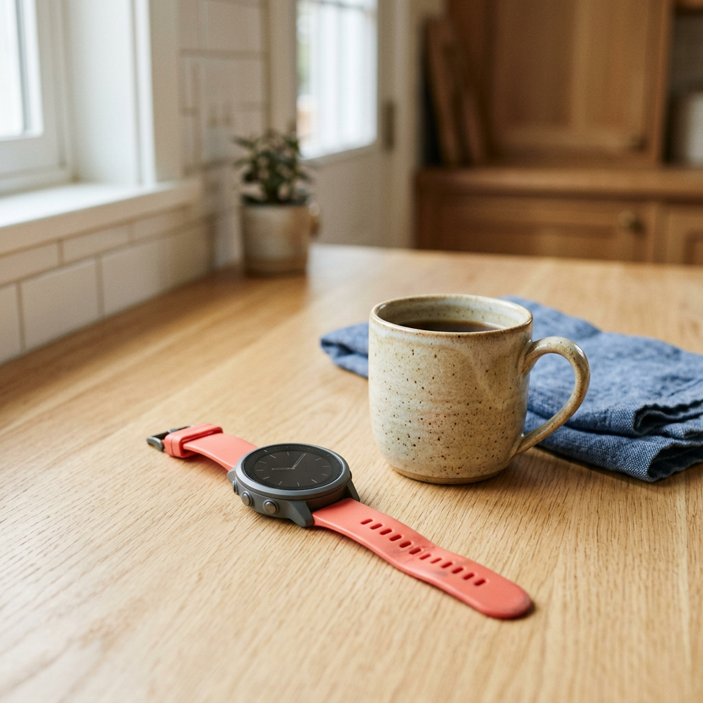 A sporty smartwatch with a coral strap on an oak kitchen counter beside a mug